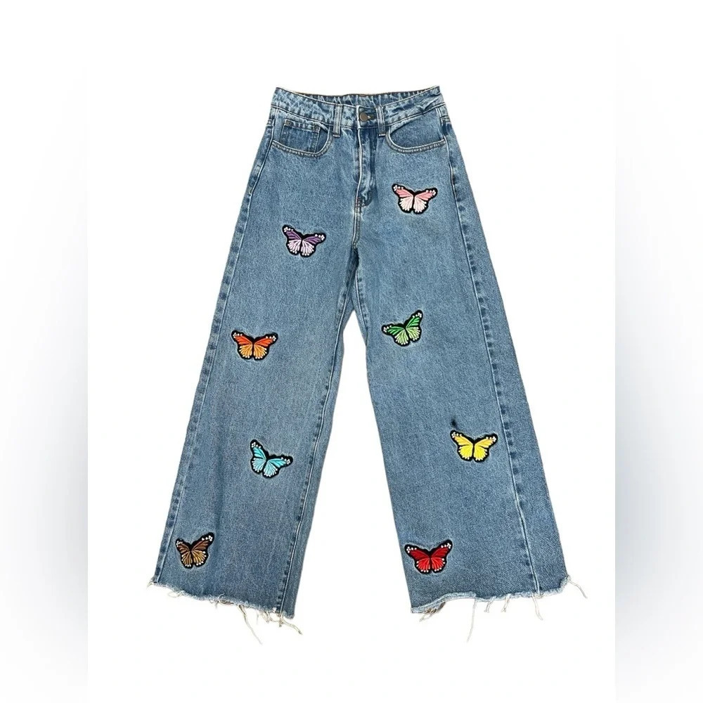 Butterfly Embroidered Wide Leg Jeans